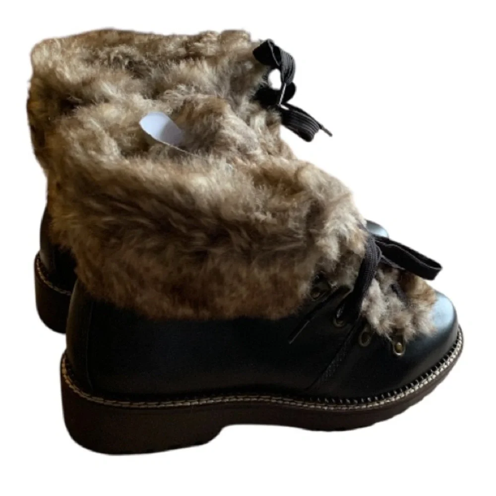 LANDSEND Women’s Leather Faux Fur Cuff Booties, Side Zip